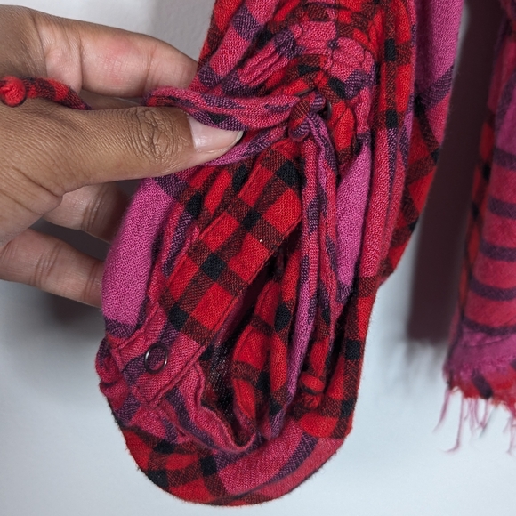 We The Free Pacific Dawn‎ Drawstring Button Down Wool Blend Plaid Top Red Pink M - Picture 8 of 8
